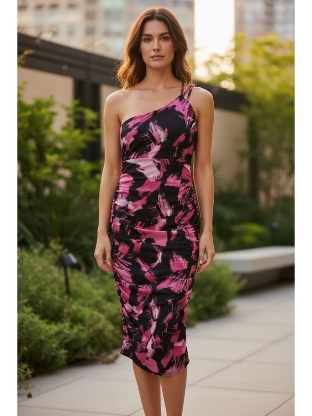 The Fashion Poet One-Shoulder Pink & Black Abstract Print Bodycon Dress XL